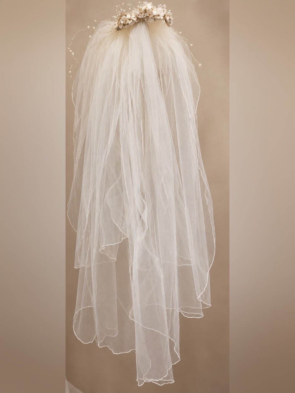 Vintage Bridal Veil Floral Pearl Headpiece 36” Wedding Veil 28” Blusher Comb